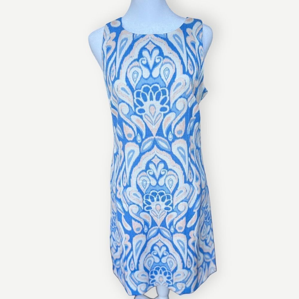 Vince Camuto Sleeveless Blue Abstract Damask Print Zip Back Lined Mini Dress. 8.